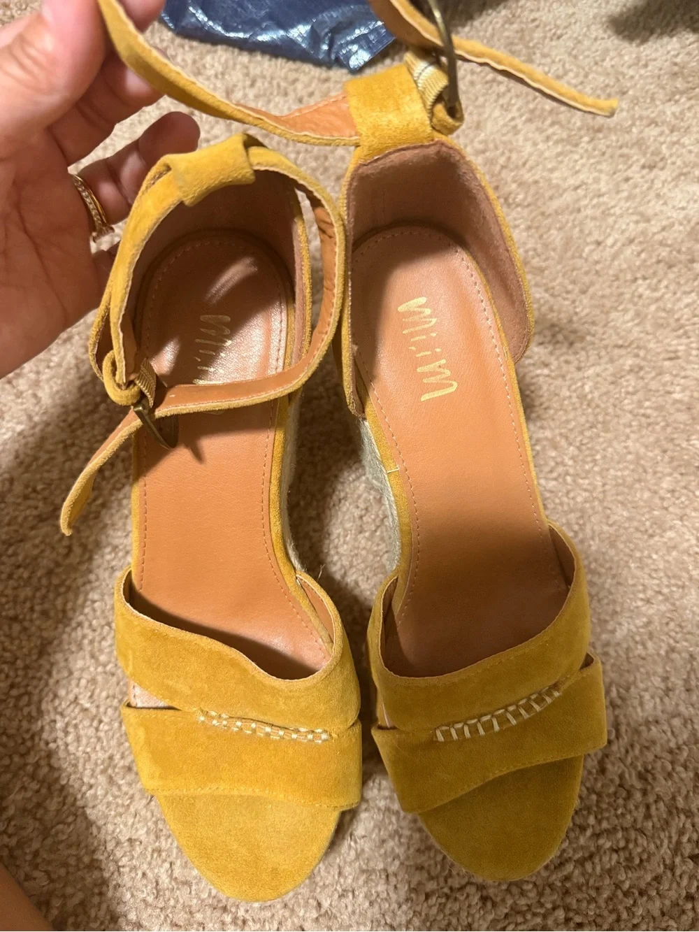 Mustard Suede Espadrille Wedge Sandals with Ankle Strap